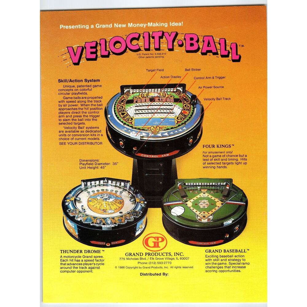 1986 Velocity Ball Arcade Game Flyer by Grand Products Inc IL